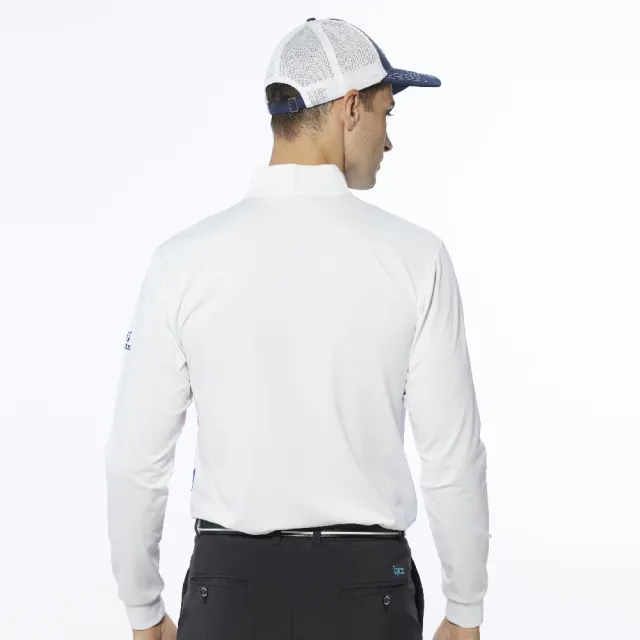 【Lynx Golf】男款吸濕排汗流線感跳色印花長袖立領POLO衫/高爾夫球衫(白色)