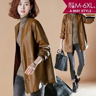 【艾美時尚】中大尺碼女裝 皮衣 率性拼接圓領仿皮革外套。S-6XL(2色.現貨+預購)