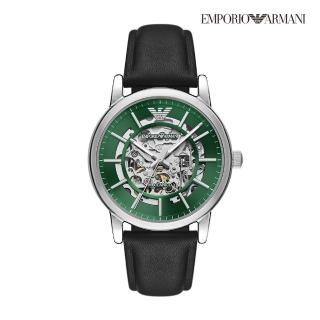 【EMPORIO ARMANI 官方直營】Meccanico 都會綠面鏤空機械手錶 黑色真皮錶帶 43MM AR60068