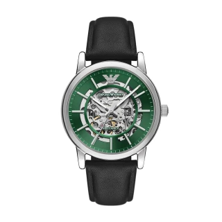 【EMPORIO ARMANI 官方直營】Meccanico 都會綠面鏤空機械手錶 黑色真皮錶帶 43MM AR60068