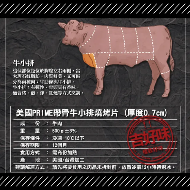 【吉好味】500g 厚切0.7cm美國PRIME帶骨牛小排-單骨切x1盒(500g±3%/盒-F000)