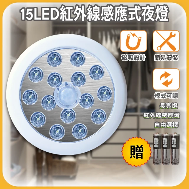 【明沛】15LED紅外線感應式夜燈(電池式供電 免佈線-模式可選 手電筒 感應燈-磁吸設計 簡易安裝-MP2431)
