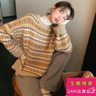 【AS 梨卡】浪漫 圓領 印花 條紋 長袖 針織衫 上衣 DR264