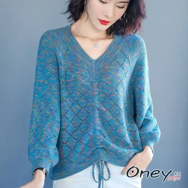 【ONEY 歐妮】★優雅寬鬆Ｖ領混編針織毛衣(抽繩設計/寬鬆修身/混編格紋)
