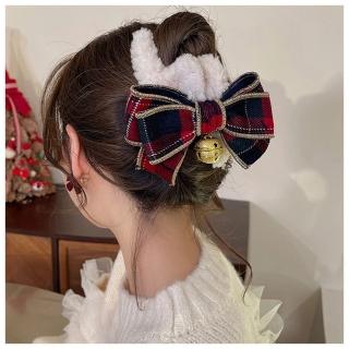 【HaNA 梨花】聖誕新款鈴鐺響可愛蝴蝶結．羊羔毛節日限定抓夾(抓夾 韓國髮夾 鯊魚夾)
