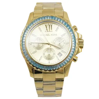 【Michael Kors】經典LOGO三眼水晶鑲鑽大錶框不鏽鋼時尚腕錶(金 42mm)