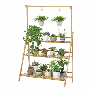 【Zekca】戶外陽台三層100cm花架-附調節吊籃(多肉花架 摺疊花架 實木花架 戶外花架 陽台花架 吊籃花架)