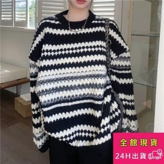 【AS 梨卡】慵懶風寬鬆印花圖騰中長版圓領長袖針織衫上衣DR293