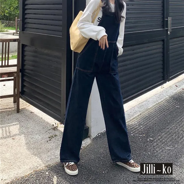 【JILLI-KO】韓版復古水洗牛仔大口袋背帶連身褲-L/XL(深藍)