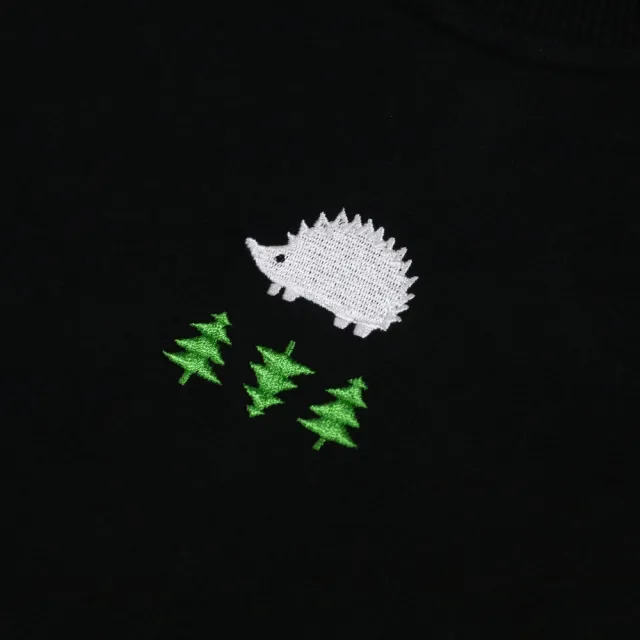 【SCANDINAVIAN FOREST 北歐小刺蝟】森林電繡刺蝟雙面磨毛純棉大學T(黑色)