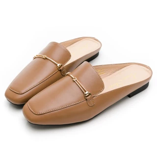 【GDC】真皮通勤經典韓系金釦穆勒拖鞋-棕色(124898-62)