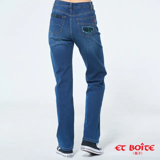 【BLUE WAY】女裝 格子補丁高腰丹寧 直筒褲 牛仔褲-ET BOiTE 箱子