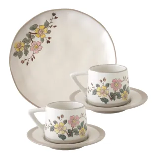 【Just Home】芸語手繪浮雕花卉陶瓷午茶5件組(咖啡杯盤2組+蛋糕平盤1個)