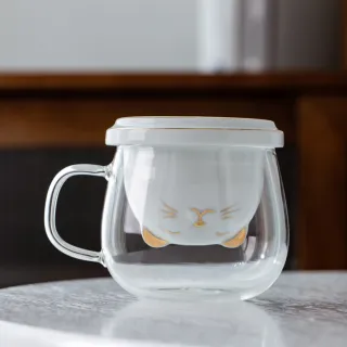 【茶几王Living Art】貓咪杯/泡茶杯/耐熱玻璃杯/泡茶器/泡茶壺 320ml(三色任選/辦公室杯/茶水分離杯)