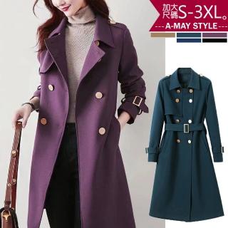 【艾美時尚】中大尺碼女裝 外套 風衣 時尚修身顯瘦排扣大衣。S-3XL(5色.預購)