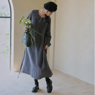 【設計所在】獨家高端限量系列 100%法國色織亞麻娃娃領復古洋裝 Q220664(S-L可選)