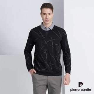 【pierre cardin 皮爾卡登】商務休閒 襯衫領假兩件印花長袖POLO衫-黑色(5225294-99)