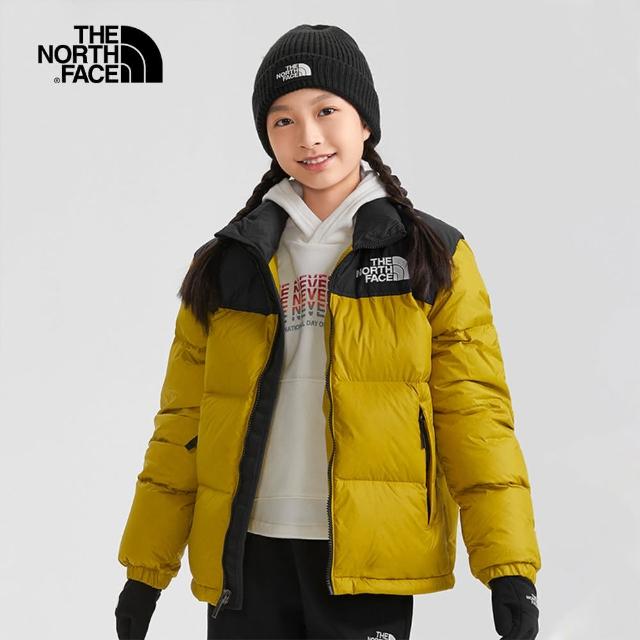 【The North Face 官方旗艦】經典ICON-北面兒童黃黑撞色DWR防潑水立領羽絨外套｜7WQO76S