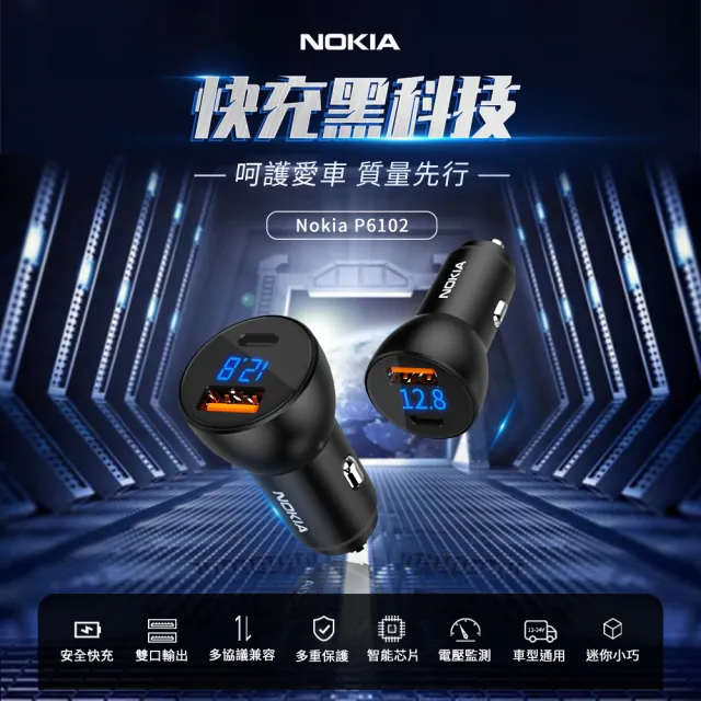 【NOKIA】38W typeC/USB PD+QC 液晶顯示 2孔車充 P6102N(送Micro USB線充電組)