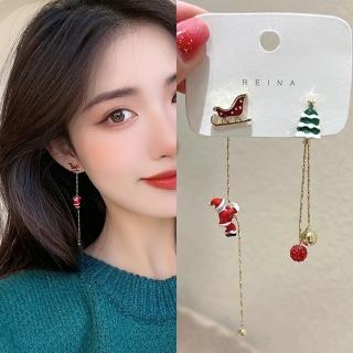 【Emi 艾迷】可愛聖誕老人雪橇聖誕樹叮噹 不對稱 925銀針耳環(聖誕老人可上下移動)