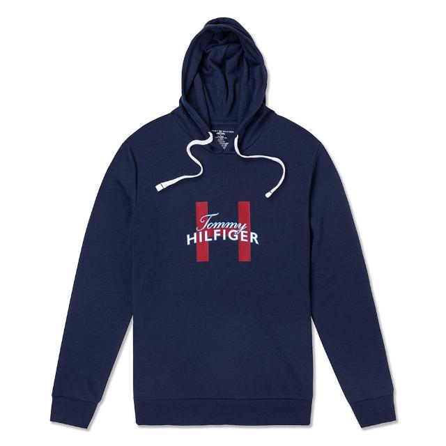 【Tommy Hilfiger】TOMMY 經典印刷大H文字圖案連帽T恤 上衣-深藍色(平輸品)