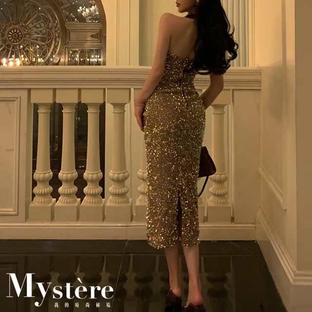 【my stere 我的時尚秘境】雙11 現貨-歐美時尚輕奢性感削肩亮片洋裝(party必備 秋新款)