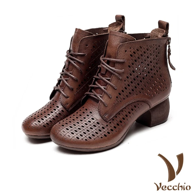 【Vecchio】真皮短靴 粗跟短靴 縷空短靴/全真皮頭層牛皮復古縷空寬楦粗跟短靴(棕)