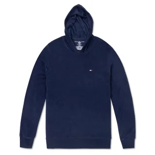 【Tommy Hilfiger】TOMMY 經典刺繡Logo圖案毛巾布連帽T恤 上衣-深藍色(平輸品)