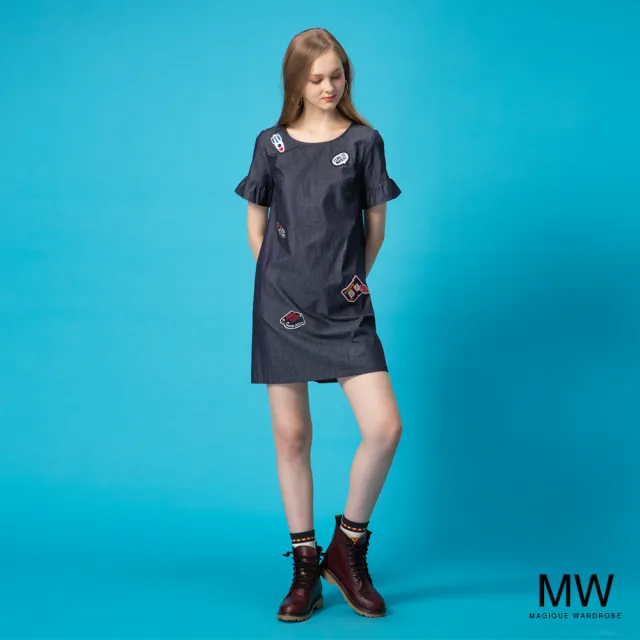 【MAGIQUE WARDROBE】純棉圓領牛仔荷葉洋裝(2色)