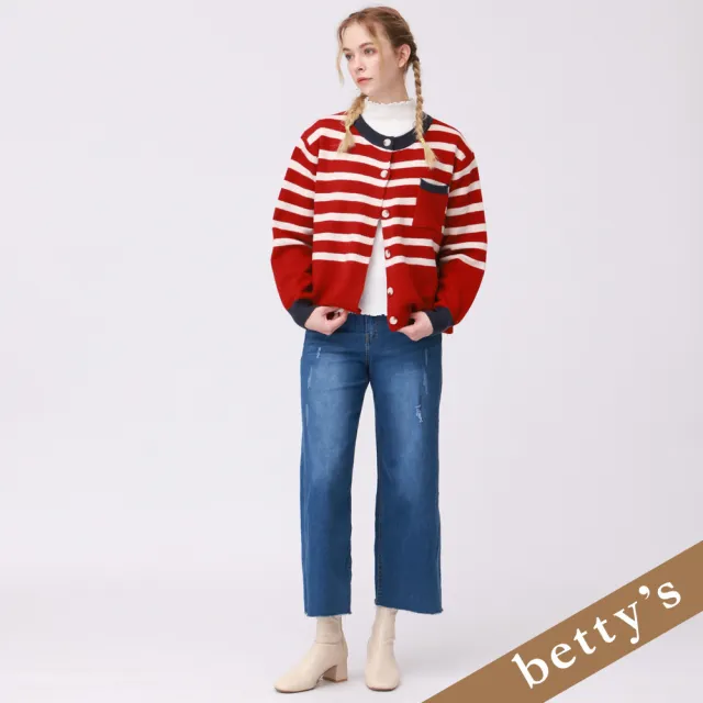 【betty’s 貝蒂思】輕薄款小刷破鬚邊牛仔寬褲(深藍色)