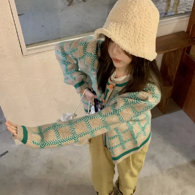 【AS 梨卡】氣質寬鬆印花撞色圖騰圓領格紋條紋毛衣長袖針織衫外套DR352