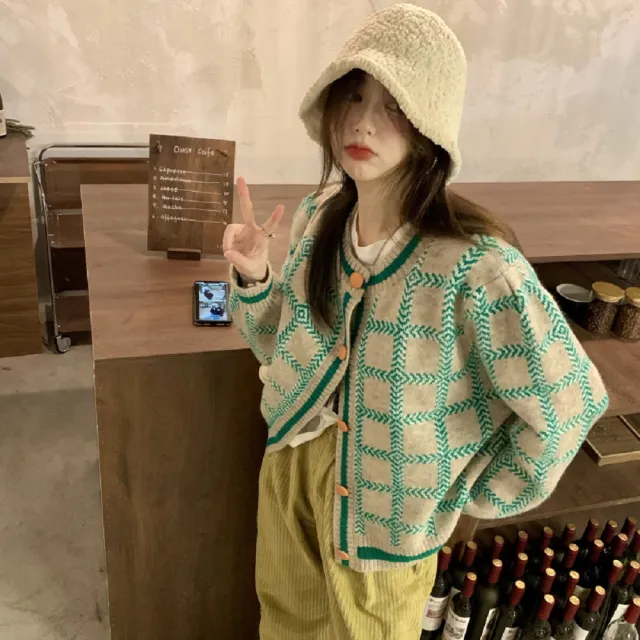 【AS 梨卡】氣質寬鬆印花撞色圖騰圓領格紋條紋毛衣長袖針織衫外套DR352