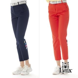 【Lynx Golf】女款混紡材質彈性舒適左小腿Lynx字樣毛巾繡花窄管九分褲(二色)