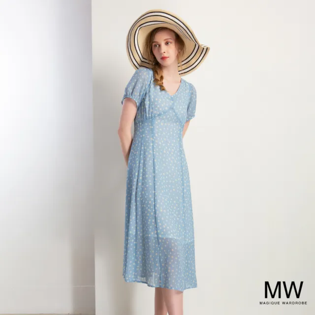 【MAGIQUE WARDROBE】V領高腰雪紡印花洋裝(2色)