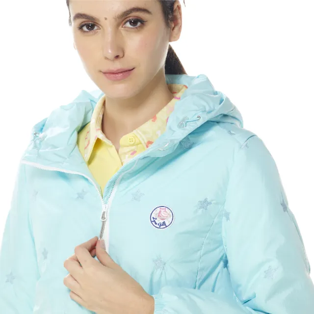 【Lynx Golf】女款保暖舒適布面星星繡花星球系列織標隱形拉鍊口袋長袖連帽外套(二色)