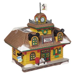 【Enesco】精品家飾 Disney 迪士尼 復古米奇造型火車站居家擺飾 附燈