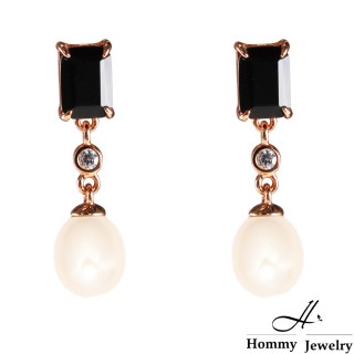 【Hommy Jewelry】Pure Pearl Bicolore黑瑪瑙珍珠垂墜耳環(珍珠)