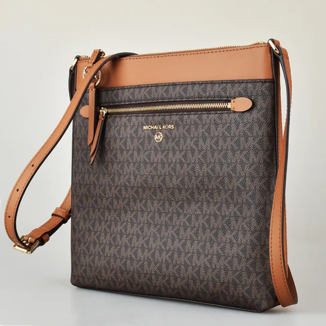 【Michael Kors】MK MICHAEL KORS JET SET經典字母LOGO滿版PVC牛皮飾邊拉鍊斜背包(深棕x橡子棕)