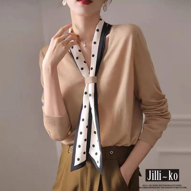 【JILLI-KO】V領優雅波點撞色領巾裝飾針織衫-F(黑/淺卡)