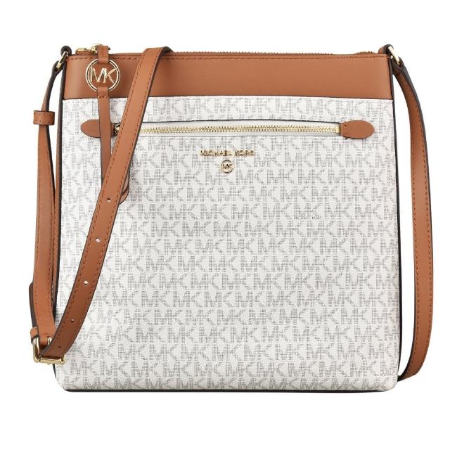 【Michael Kors】MK MICHAEL KORS JET SET經典字母LOGO滿版PVC牛皮飾邊拉鍊斜背包(香草白x橡子棕)