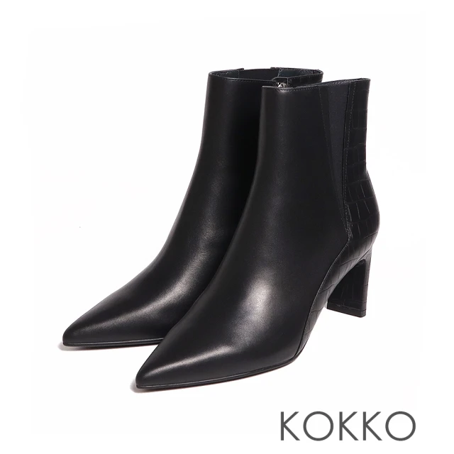 【KOKKO 集團】歐美俐落感鱷魚壓紋扁跟尖頭短靴(黑色)