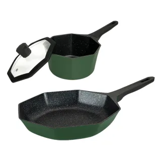 【八角維京】奈米銀抗菌加工 不沾鍋 28煎鍋-無蓋+18奶鍋-玻璃蓋 IH爐可用鍋(橄欖綠)
