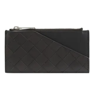 【BOTTEGA VENETA 寶緹嘉】撞色手工編織拼接小牛皮信用卡名片零錢包(深咖/黑)