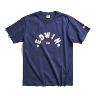 【EDWIN】男裝 紅標金屬字LOGO短袖T恤(丈青色)
