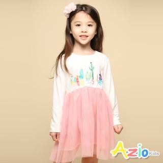 【Azio Kids 美國派】女童 洋裝 仙人掌盆栽印花網紗長袖洋裝(粉)