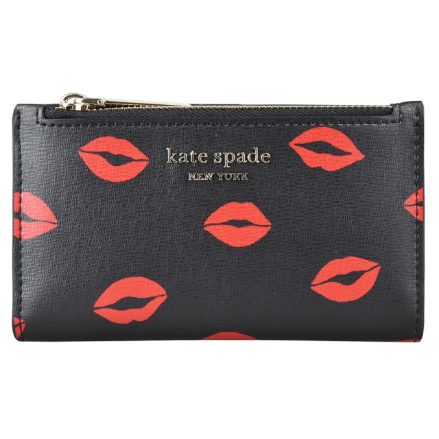 KATE SPADE Kate Spade SPENCER金字LOGO炙熱紅唇PVC 6卡拉鍊釦式零錢包(黑)