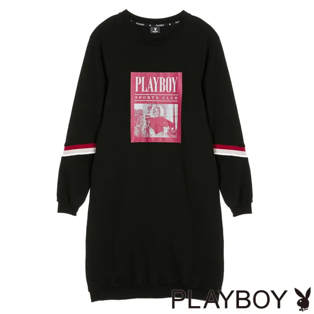 【PLAYBOY】羅紋拼接相片印洋裝(黑色)