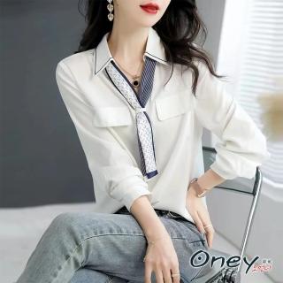 【ONEY 歐妮】★氣質優雅V領領結襯衫上衣(長袖/絲帶領結/上班通勤)