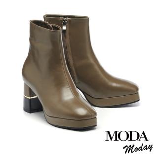 【MODA Moday】簡約率性全真皮方頭水臺粗高跟短靴(綠)