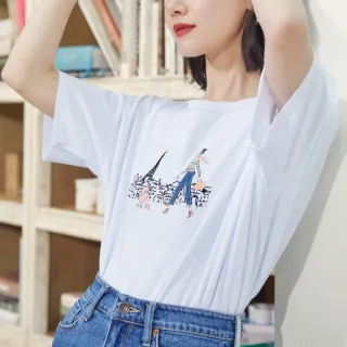 【SOMETHING】女裝 巴黎街景工藝短袖T恤(白色)